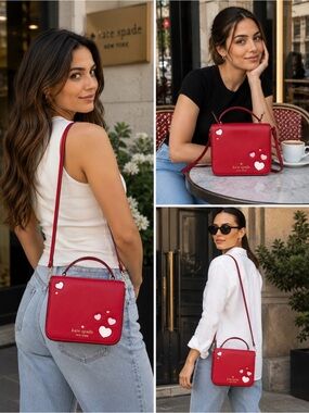 kate spade Red Leather Crossbody with White Heart Appliqués